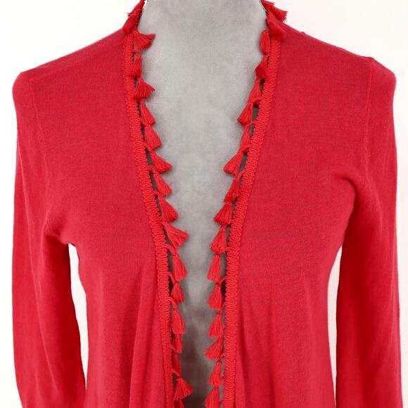 Chicos Sweater 0 Womens 4 Small Red Long Cardigan Tassel Trim Linen Cotton Blend - Picture 7 of 12
